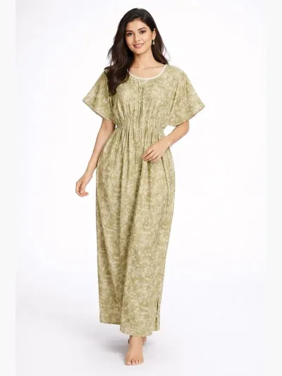 Women's Pure Cotton Kaftan Nighty, Olive Green